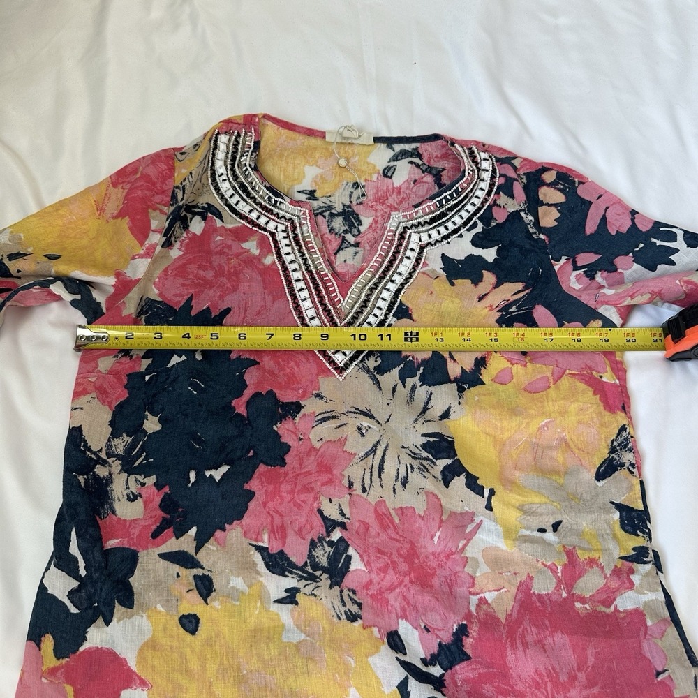 Charter Club Sz S Luxury Floral Linen Tunic Top Beaded V Neck Long Sleeve - Picture 6 of 7
